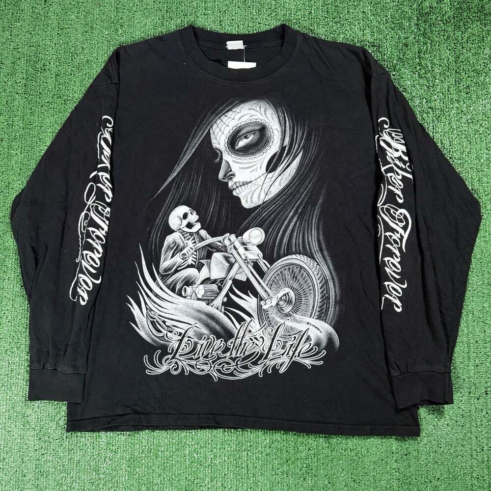 Biker Forever Long Sleeve T-Shirt Size XL Black Sugar Skull Motorcycle Graphic
